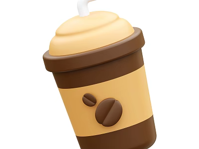 Tasty Coffee Beverage in Brown and Yellow Cup with Lid Straw and Coffee Bean Design 3d model