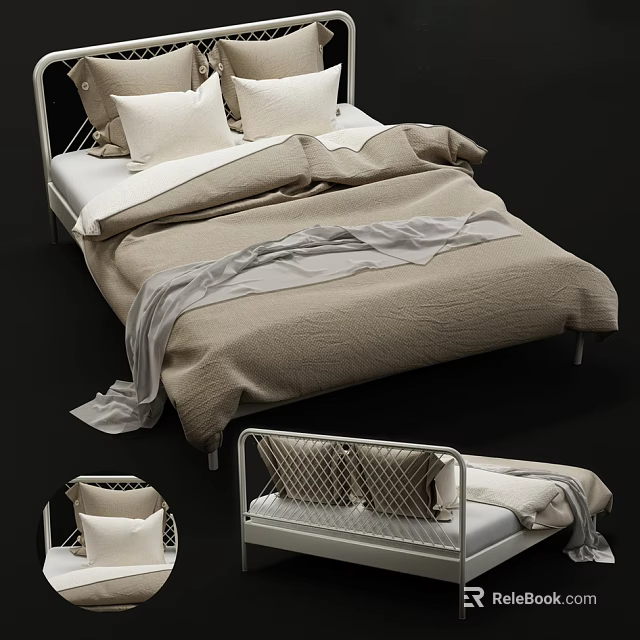 Modern Double Bed With Metal Frame Light Colored Bedding Pillows And Blanket 3d model