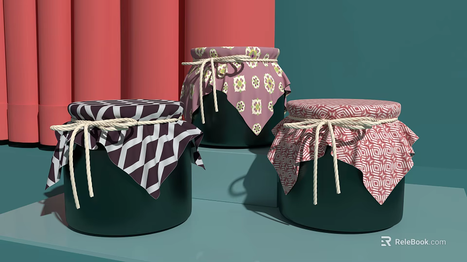 Ceramic Jars With Colorful Patterned Cloth Covers And Jute Rope Ties On Red Teal Background 3d model 