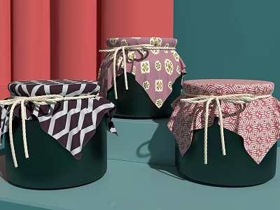 Ceramic Jars With Colorful Patterned Cloth Covers And Jute Rope Ties On Red Teal Background 3d model