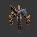 Game Movie Character With Orange Hair Blue Golden Armor Large Shoulder Wings And White Outfit