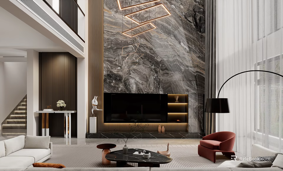 Modern Duplex Living Room Interior With Marble Feature Wall TV Unit And Chandelier 3d model 