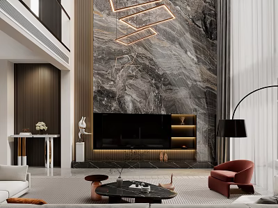 Modern Duplex Living Room Interior With Marble Feature Wall TV Unit And Chandelier 3d model