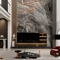 Modern Duplex Living Room Interior With Marble Feature Wall TV Unit And Chandelier