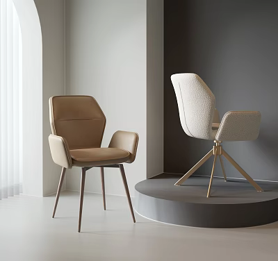 Modern Accent Chairs With Brown Beige Upholstery And Metal Legs On Display Platform 3d model