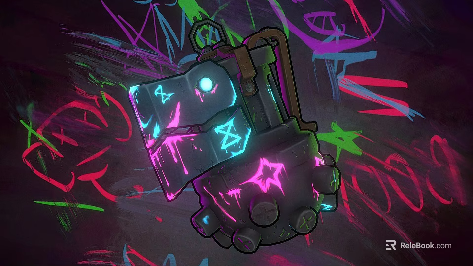 Mechanical Glove Weapon With Glowing Star Patterns Purple Pink Blue Neon Effects And Graffiti Background 3d model 