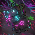 Mechanical Glove Weapon With Glowing Star Patterns Purple Pink Blue Neon Effects And Graffiti Background