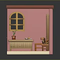 Cozy Kitchen Interior With Pink Walls Green Cabinets Arched Window And Red Tile Floor