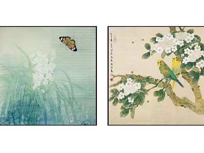Traditional Chinese Paintings Featuring Butterfly White Flowers and Birds on Branches 3d model