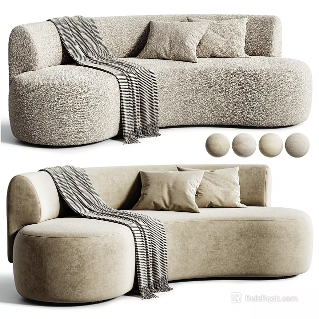 Beige Textured Two Seater Sofa With Striped Throw Blanket And Matching Round Pillows 3d model 