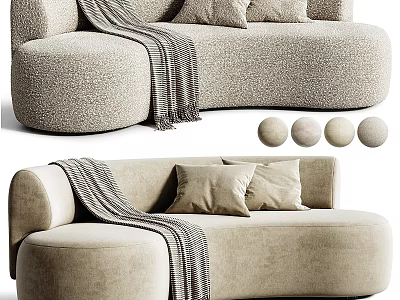Beige Textured Two Seater Sofa With Striped Throw Blanket And Matching Round Pillows 3d model