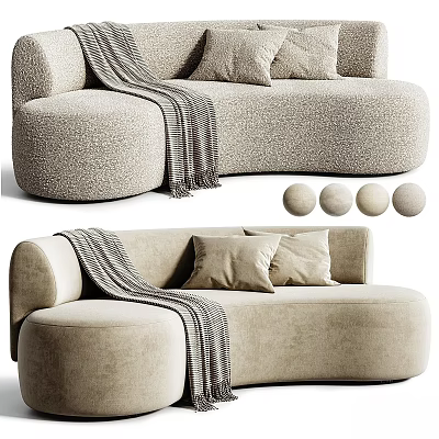 Beige Textured Two Seater Sofa With Striped Throw Blanket And Matching Round Pillows 3d model