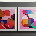 Two Framed Abstract Paintings Featuring Vibrant Colors Geometric Shapes and Figurative Outlines