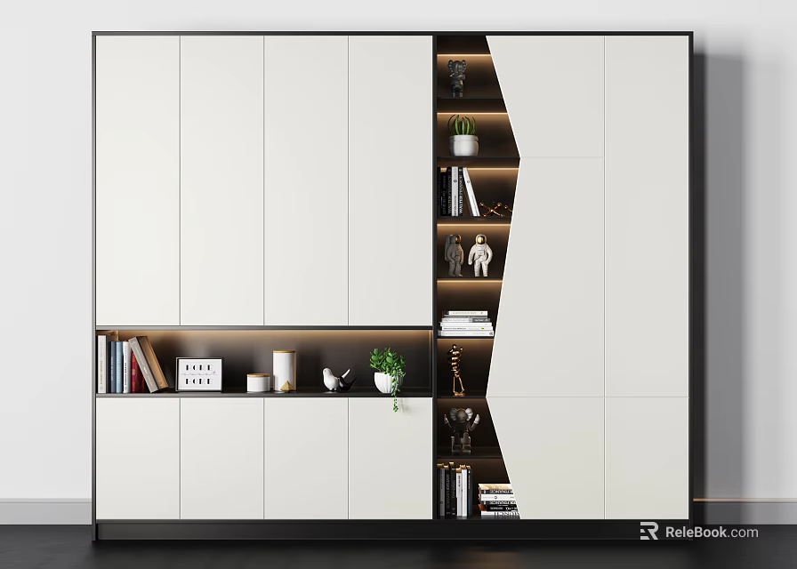 Modern Bookcase With White Cabinet Doors Black Frame Open Shelving And Books Decorative Items Trophies 3d model 