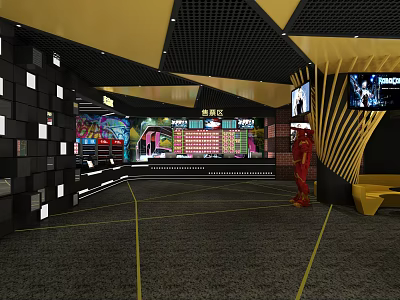 Modern Cinema Interior With Yellow Black Ticket Counter Screens Red Iron Man Statue And Seats 3d model