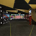 Modern Cinema Interior With Yellow Black Ticket Counter Screens Red Iron Man Statue And Seats