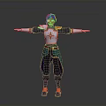 3D Character Model With Blue Hair And Armored Costume Standing Arms Outstretched