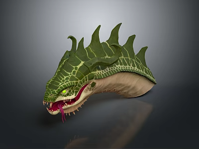 Green Spiked Mythical Creature Head With Scaly Texture Yellow Eyes And Red Tongue 3d model
