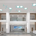 Modern Lobby Reception Desk With Decorative Ceiling Design And Comfortable Sofa Seating 3d model