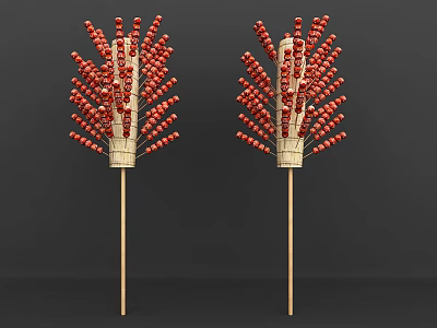 Traditional Chinese Red Candied Hawthorns With Bamboo Sticks And Berry Clusters 3d model