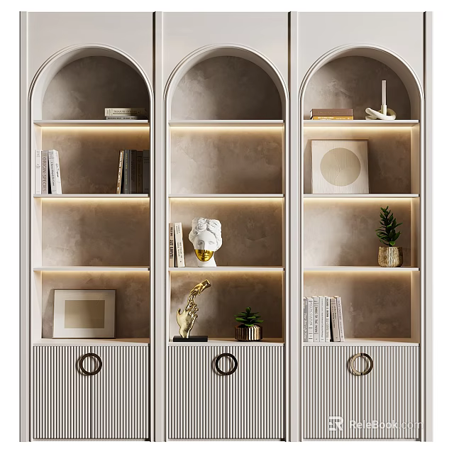 Modern Arched Decorative Cabinet With LED Lighting Books Sculpture Picture Frame And Potted Plant 3d model 