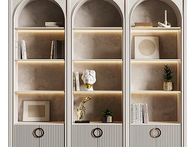 Modern Arched Decorative Cabinet With LED Lighting Books Sculpture Picture Frame And Potted Plant 3d model