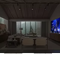 Homestay Guest Room Interior with Wooden Ceiling Large Windows Sofa and TV