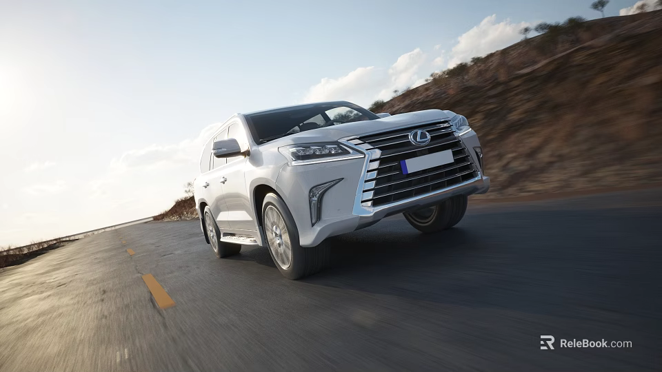 White SUV Driving On Road With Blue Sky And Hills 3d model 