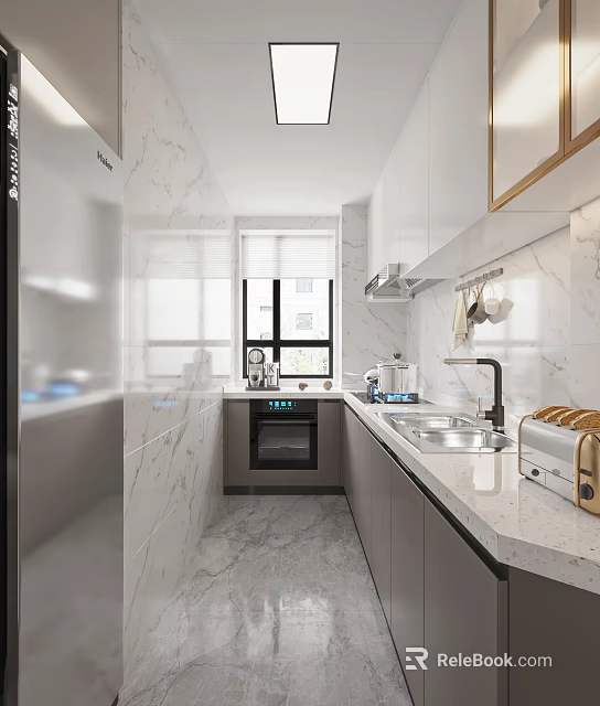 Bright Modern Galley Kitchen With Marble Finishes And Complete Set Of Functional Home Appliances 3d model 