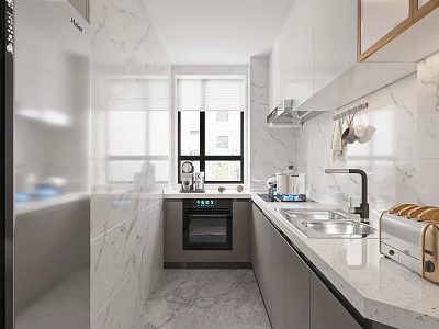 Bright Modern Galley Kitchen With Marble Finishes And Complete Set Of Functional Home Appliances 3d model