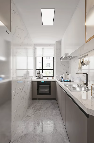 Bright Modern Galley Kitchen With Marble Finishes And Complete Set Of Functional Home Appliances 3d model