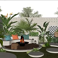 Serene Courtyard Garden With Outdoor Sofa Colorful Cushions Fire Pit Wooden Deck And Lush Plants