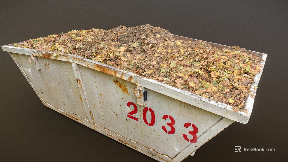 Outdoor Rusted Metal Dumpster Filled with Leaves and Debris Number 2033 3d model 