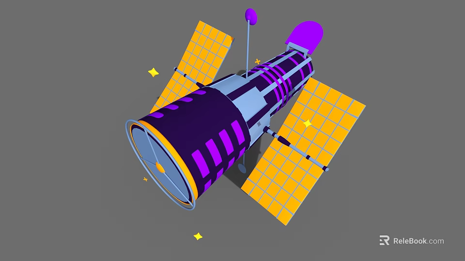 Cartoon Satellite With Purple Body Yellow Solar Panels And Stars In Space Scene 3d model 