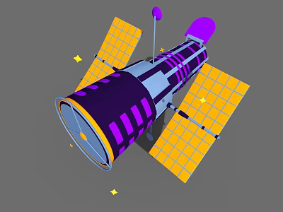 Cartoon Satellite With Purple Body Yellow Solar Panels And Stars In Space Scene 3d model