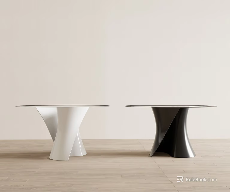 Modern Minimalist White and Black Dining Tables with Unique Curved Legs on Wooden Floor 3d model 