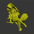 Green Skinned Witch Wearing Purple Hat And Outfit Riding Broomstick With Orange Head