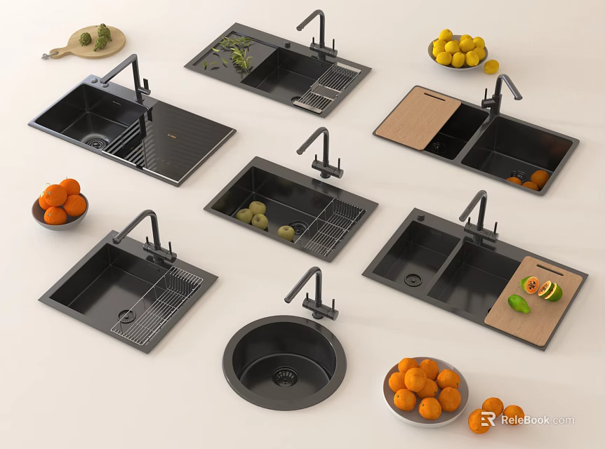Black Kitchen Sinks With Faucet Cutting Board And Fresh Fruits 3d model 