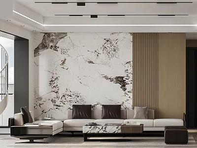 Modern Living Dining Room With Marble Feature Wall Wooden Elements Sofa And Coffee Table 3d model