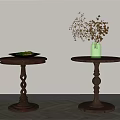 Wooden Round Side Tables with Green Plant in Dish and Green Vase with Dried Flowers