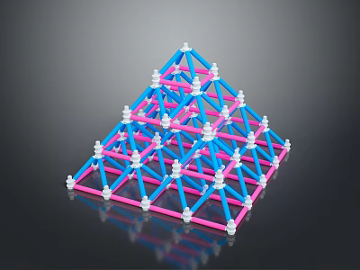 Geometric Pyramid Structure With Blue Pink Rods And White Connectors On Reflective Base 3d model