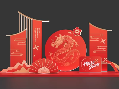 Red Chinese New Year Decorations With Dragon Fan Banners And Hello 2024 3d model