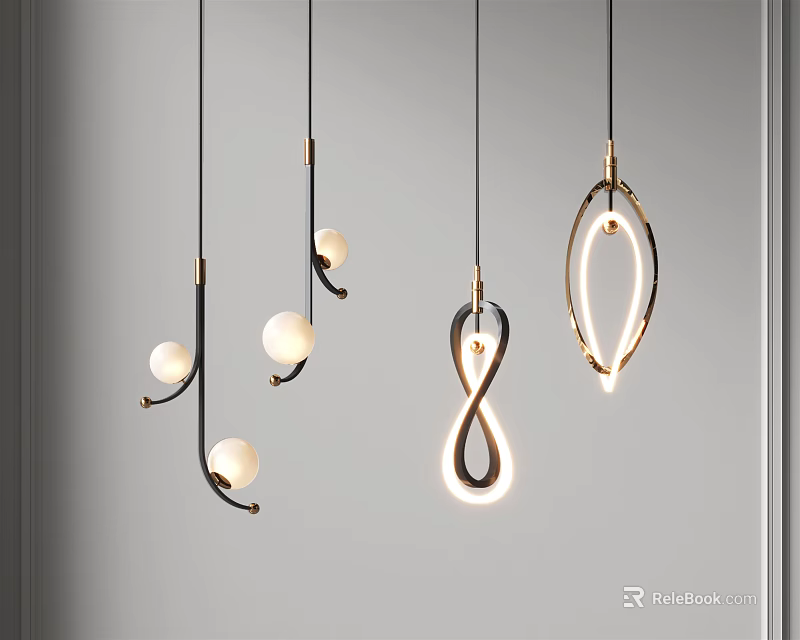 Elegant Modern Pendant Lights with Metallic Frames and Unique Curved Shapes 3d model