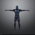 Standing Blue Robot Character With Orange Accents Armor And Reflective Floor
