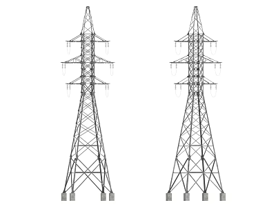 Industrial Equipment Two High Voltage Transmission Towers With Metal Structure Supporting Power Lines 3d model