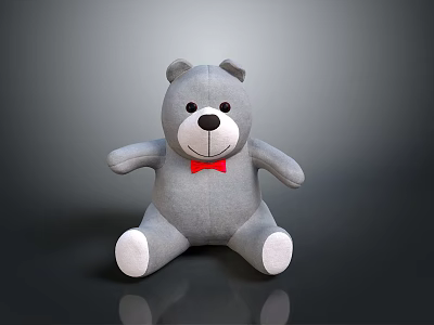 Gray Plush Teddy Bear With Red Bow Tie Soft Stuffed Toy For Kids 3d model