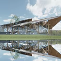 Modern Visitor Center With Triangular Roof Wooden Structure Glass Walls Front Walkway Water Pool