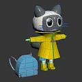 Cartoon Cat Character In Yellow Raincoat With Blue Backpack And Rain Boots