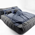 Modern Black Tufted Leather Double Bed With Blue Bedding And Plush Pillows 3d model