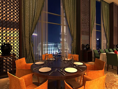 Elegant Restaurant Interior With Round Dining Table White Plates Orange Chairs Large Windows Night View 3d model